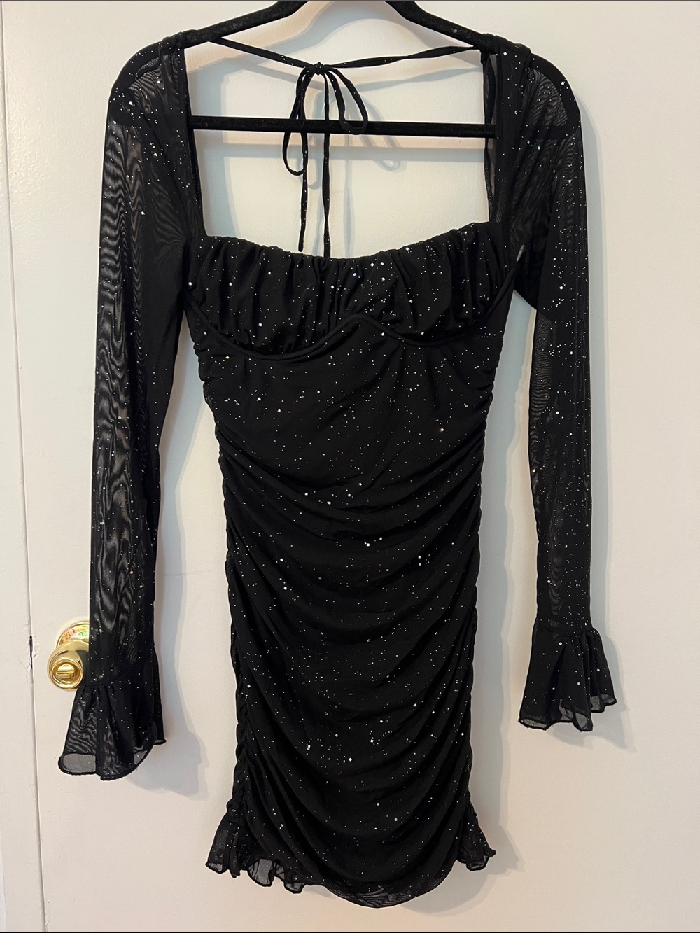 Black Sparkle Ruched Long-Sleeve Mini Dress